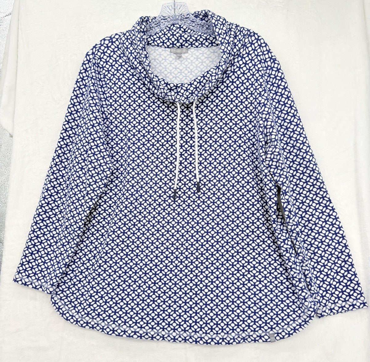 T By Talbots Top 1X Blue Print Pullover Cowl Neck Sweatshirt Womens