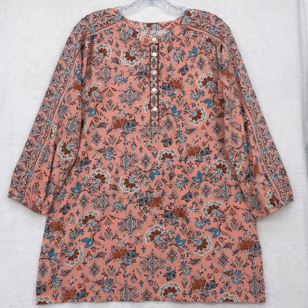 Pure J Jill Printed Henley Tunic Small Womens Pink Floral Long Sleeve Knit