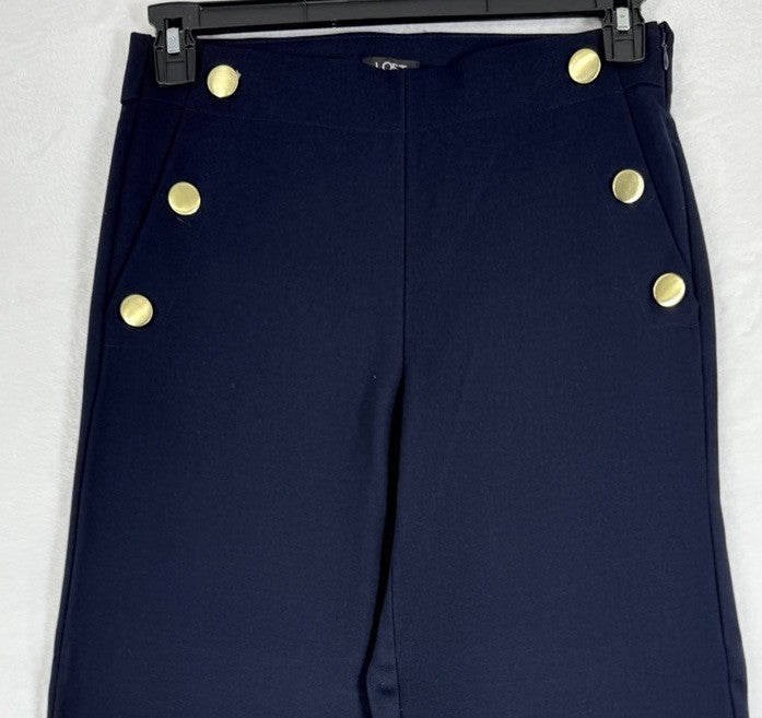 Ann Taylor Loft Pants Size 2 High Waist Trouser Navy Blue Gold Buttons Womens