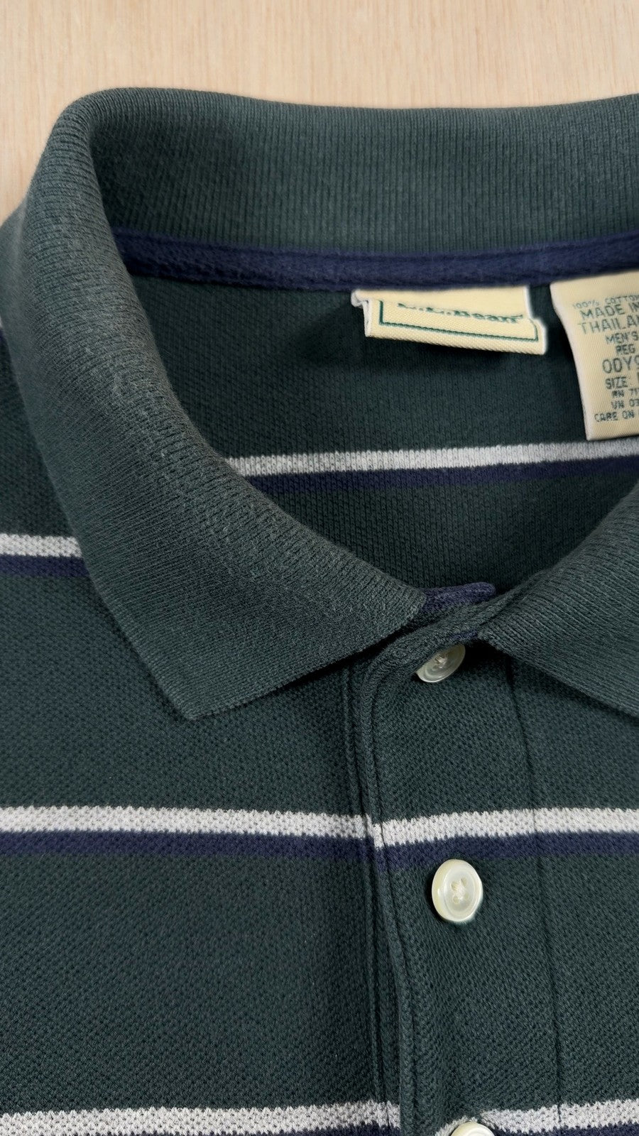 L.L.Bean VINTAGE Long Sleeve Polo Shirt L Mens green Striped Knit 3 Button