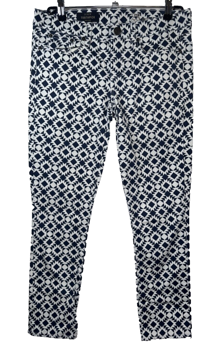 J Crew Toothpick Ankle Jeans Size 28 Geometric Print Navy Blue White Womens