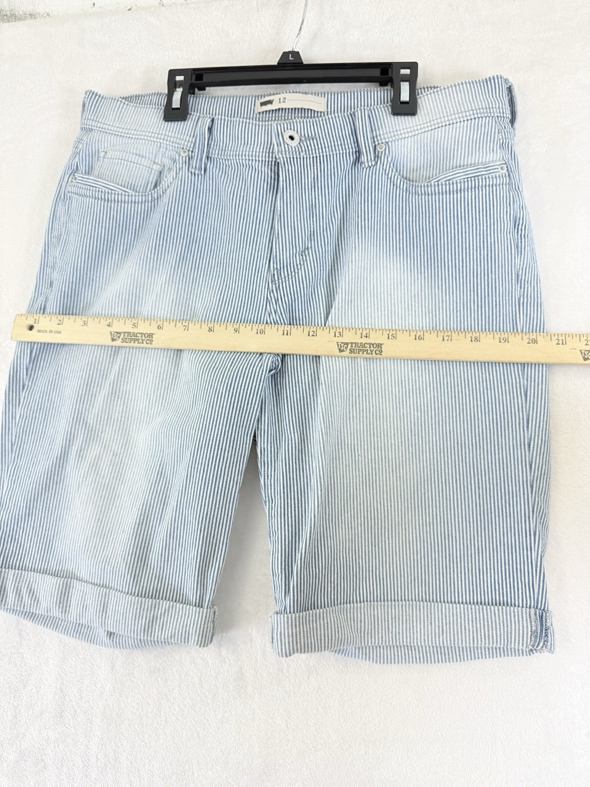 Levis Jean Shorts Women 12 Denim Light Blue White Striped 11” Bermuda Roll Hem
