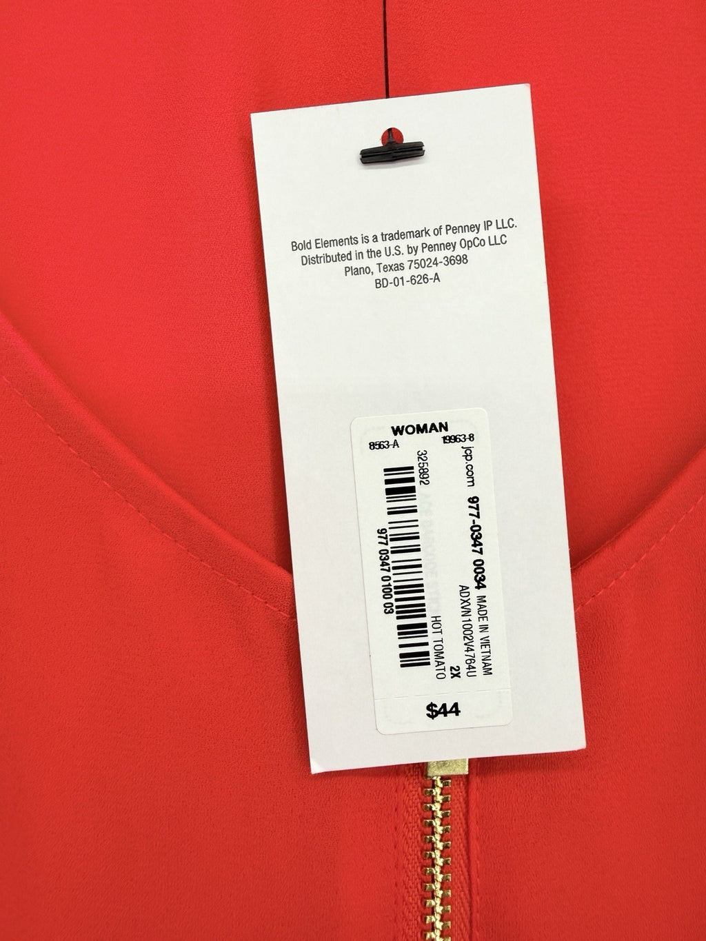Bold Elements Tops 2X Red Sleeveless Blouse Gold Zipper Plus Size Womens New NWT