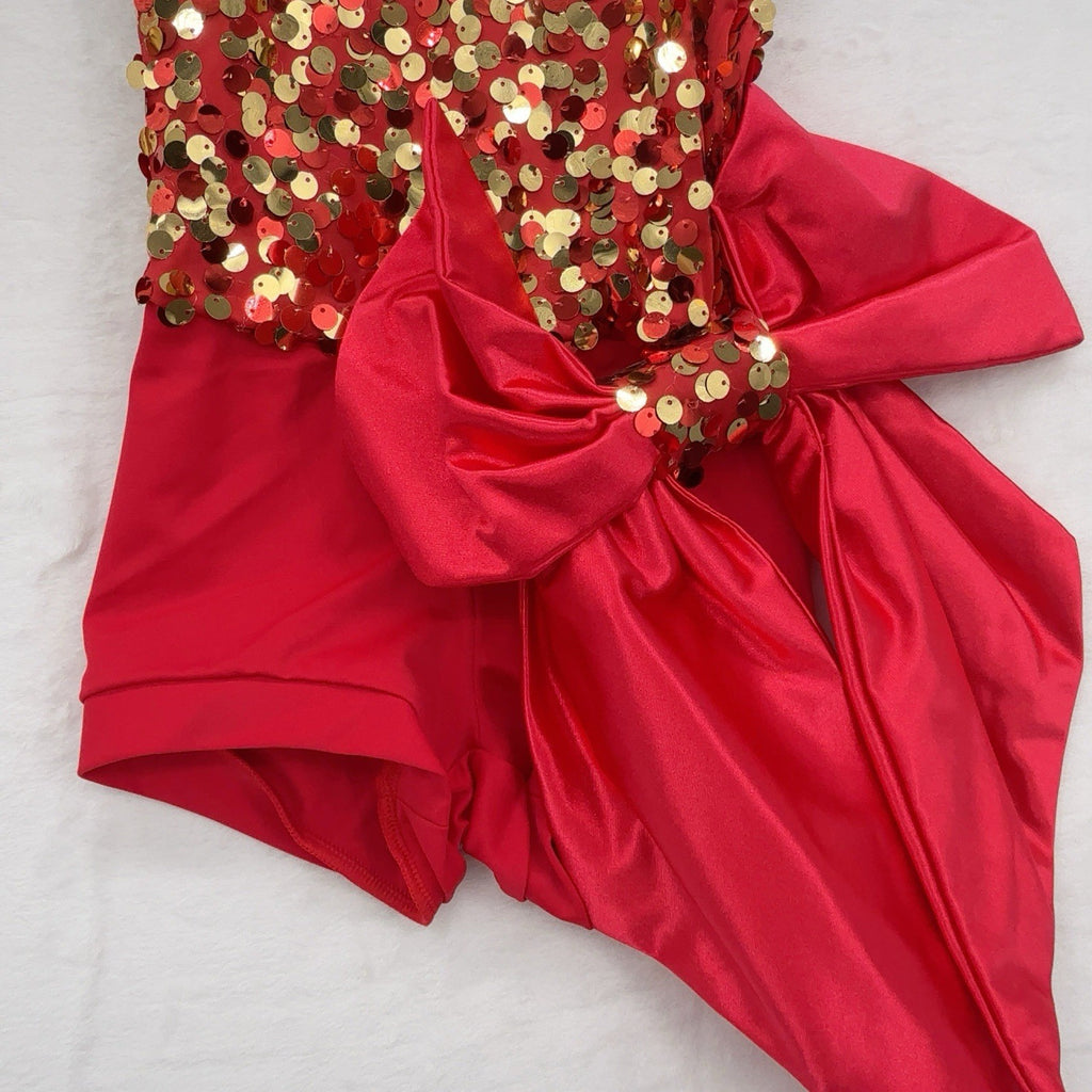 Weissman Girls Small SC Red Bright Lights Asymmetrical Biketard Dance Sequined
