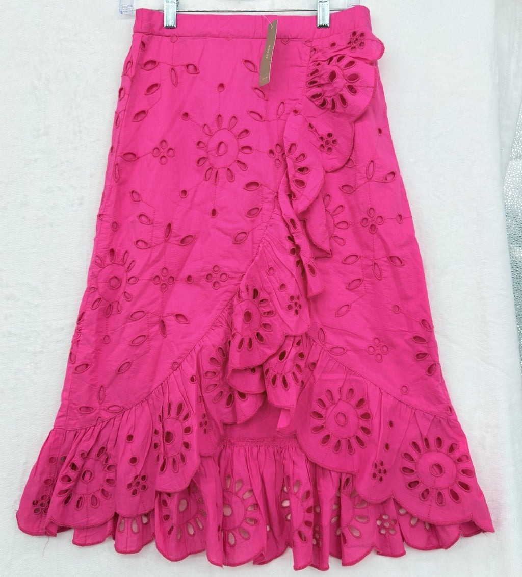 J Crew XS Midi Skirt Bright Pink Wrap 100% Cotton Ruffle Front Eyelet Womens New