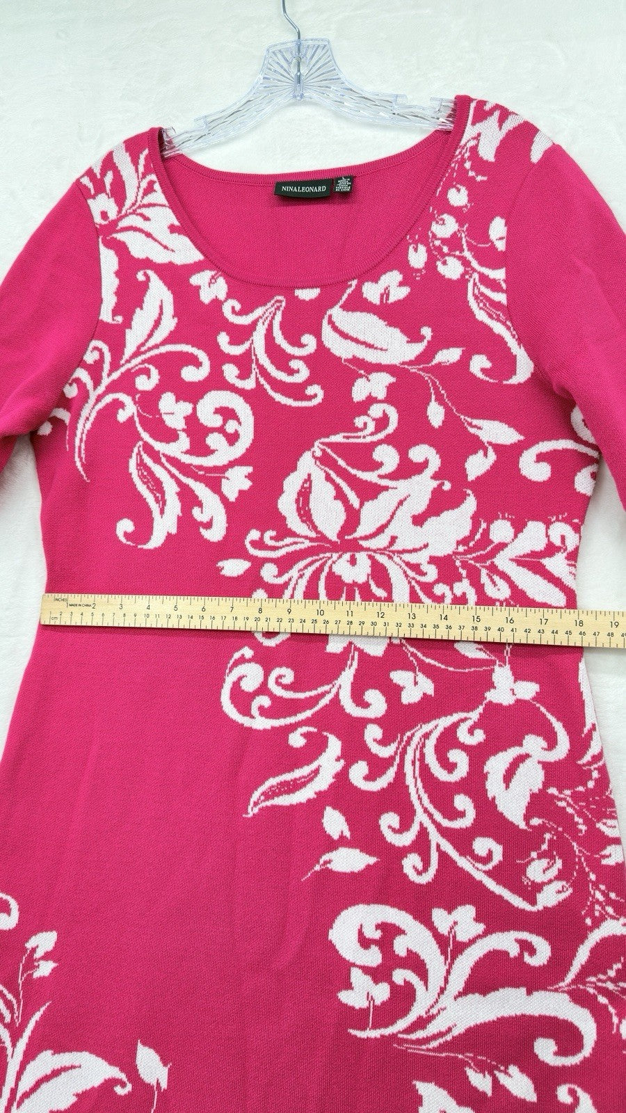 Nina Leonard Sweater Dress Large Pink Floral Elbow Sleeve Knee Length Womens
