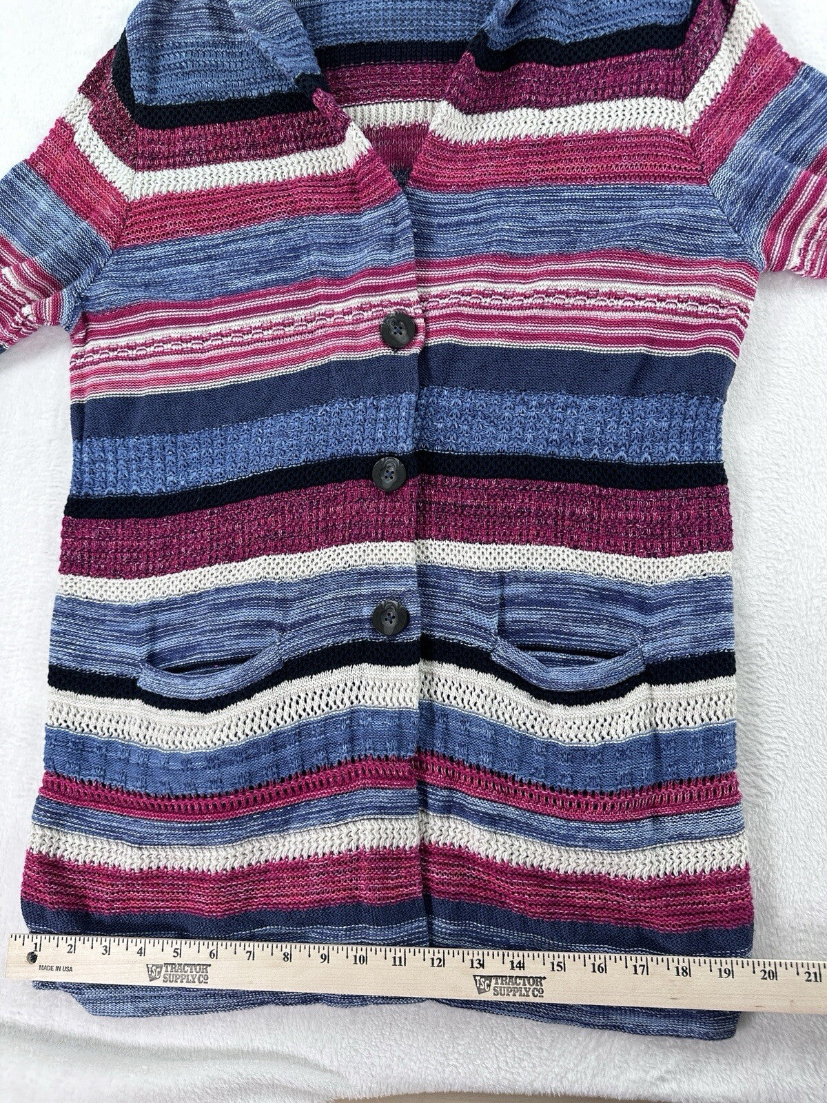 J Jill Large Petite Open Knit Cardigan Sweater Long Blue Linen Cotton Buttons