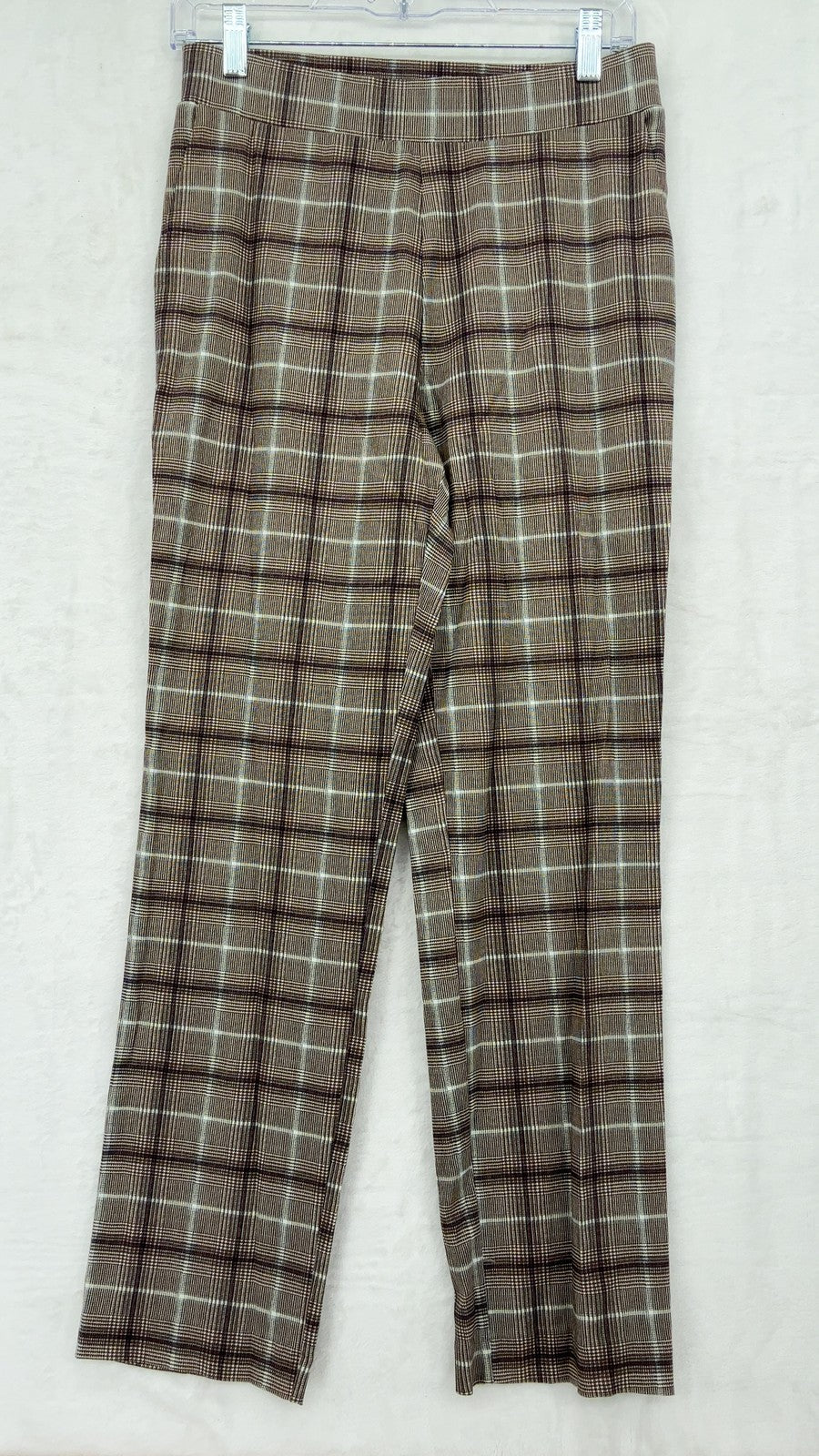 Marla Wynne Layers Pull On Pants 8 Womens Brown Plaid Stretch Slim Ankle