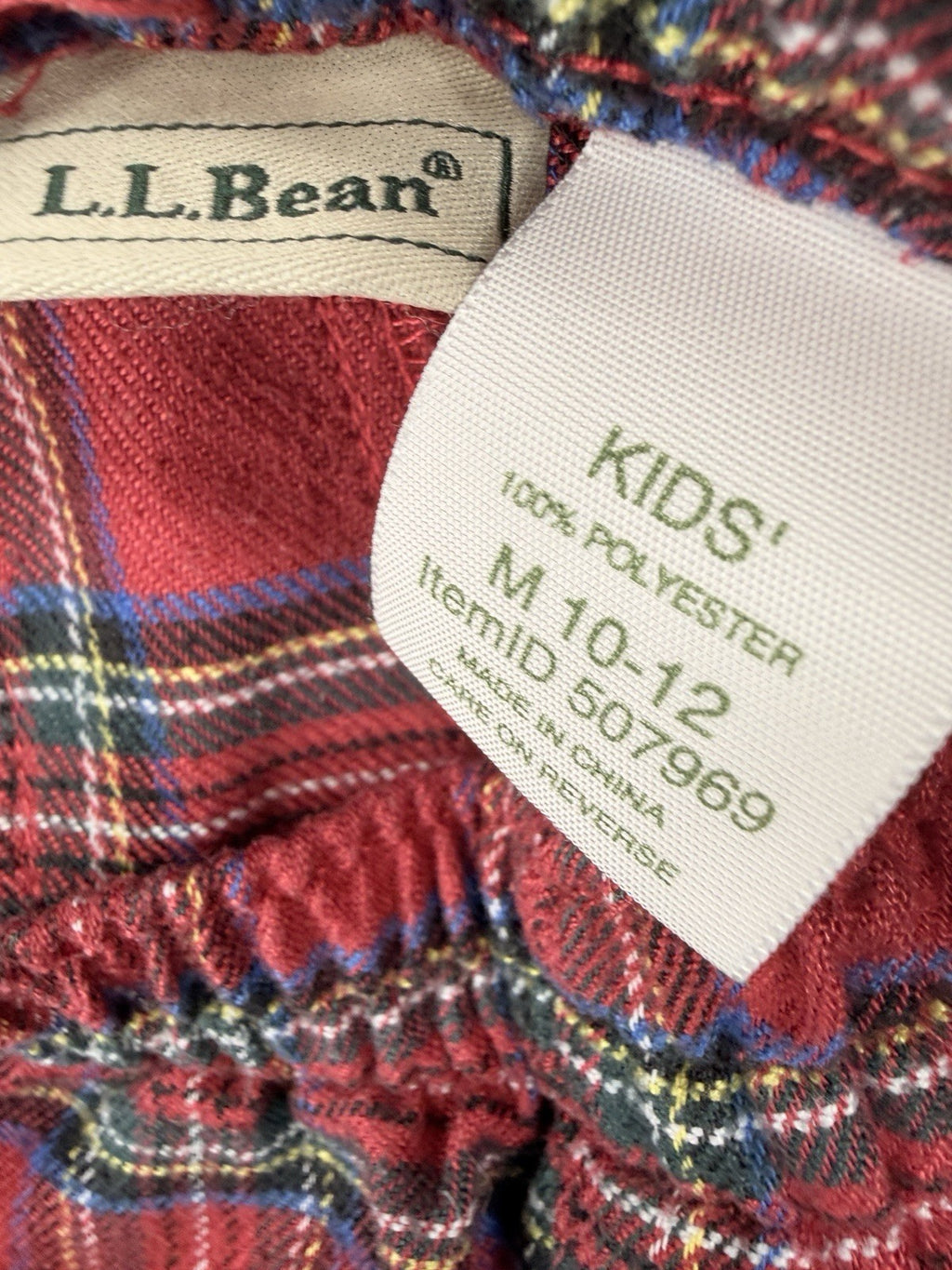 LL Bean Kids Pajama Pants Red Plaid Large Boys Girls