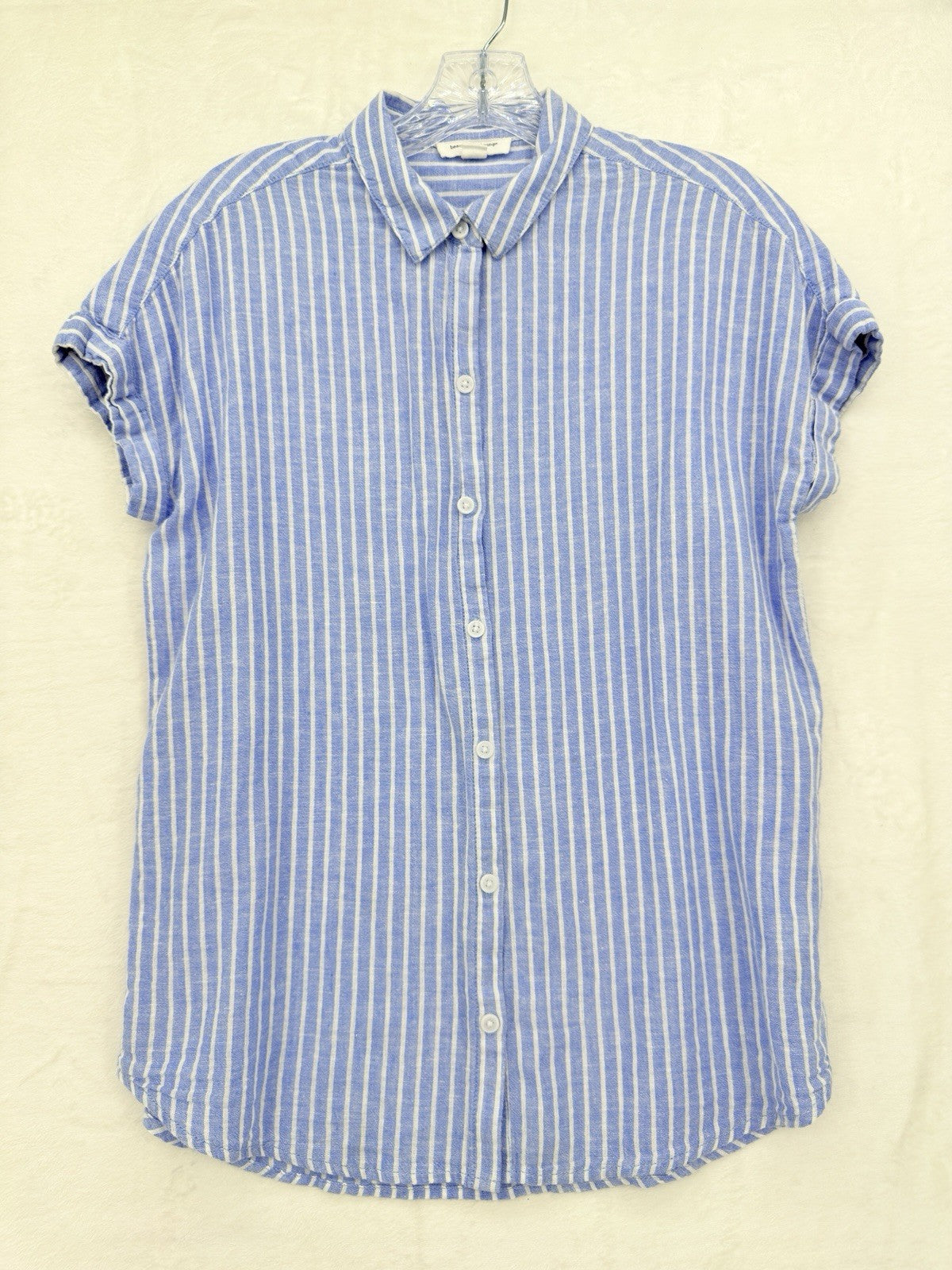 Beach Lunch Lounge Top Small Women Blue Linen Blend Short Sleeve Button Up Shirt
