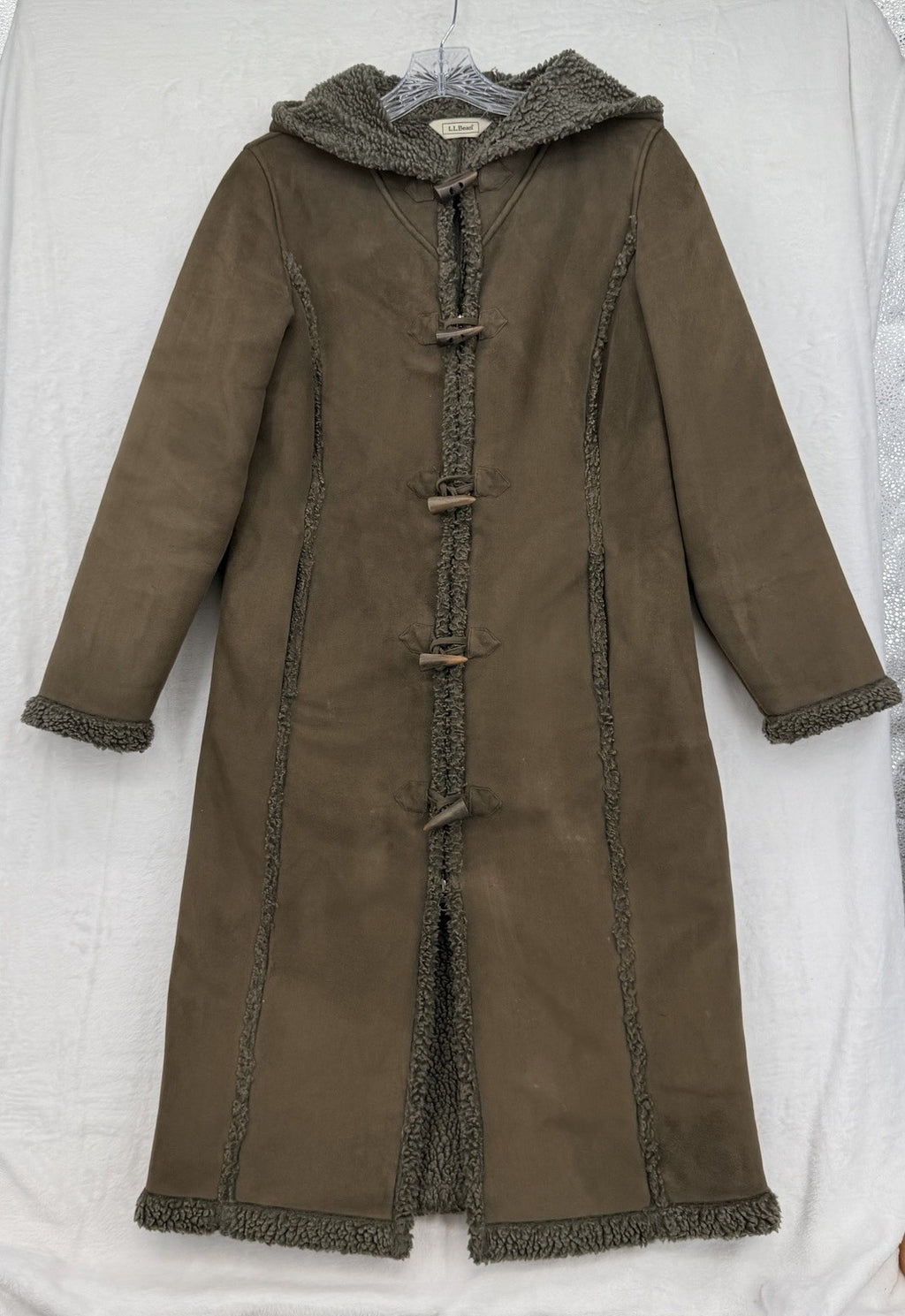 LL Bean Faux Shearling Long Duffle Jacket Coat Hooded Toggle Brown Womens XSP