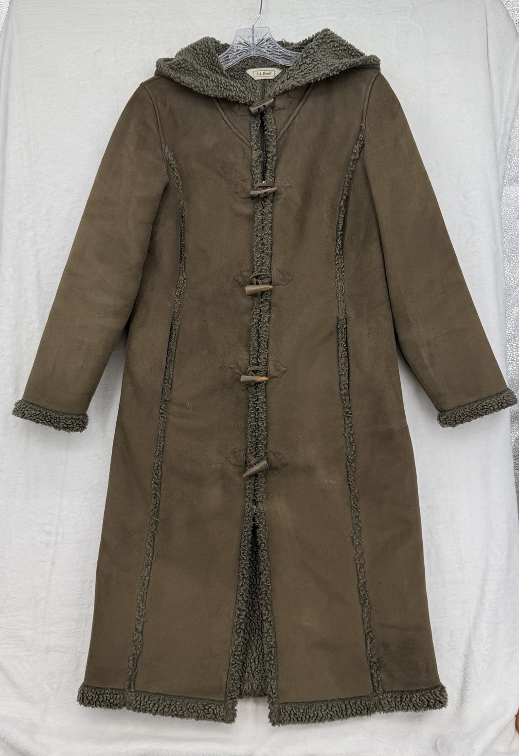 LL Bean Faux Shearling Long Duffle Jacket Coat Hooded Toggle Brown Womens XSP