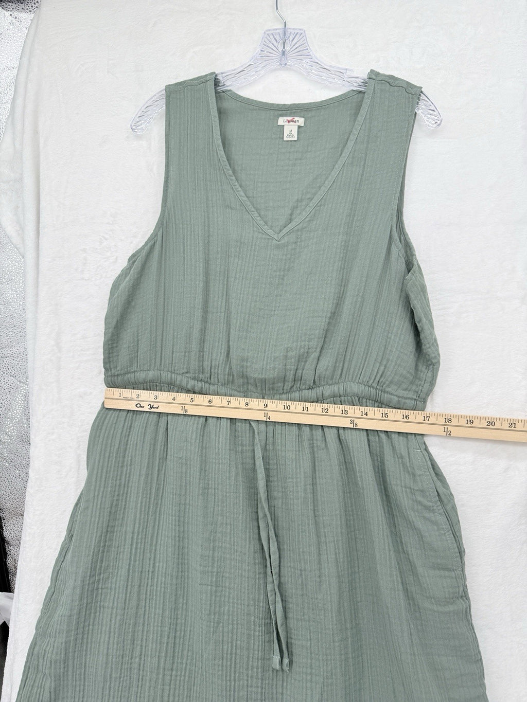 LL Bean Cloud Gauze Cotton Dress Medium Sage Green Sleeveless Pockets Womens