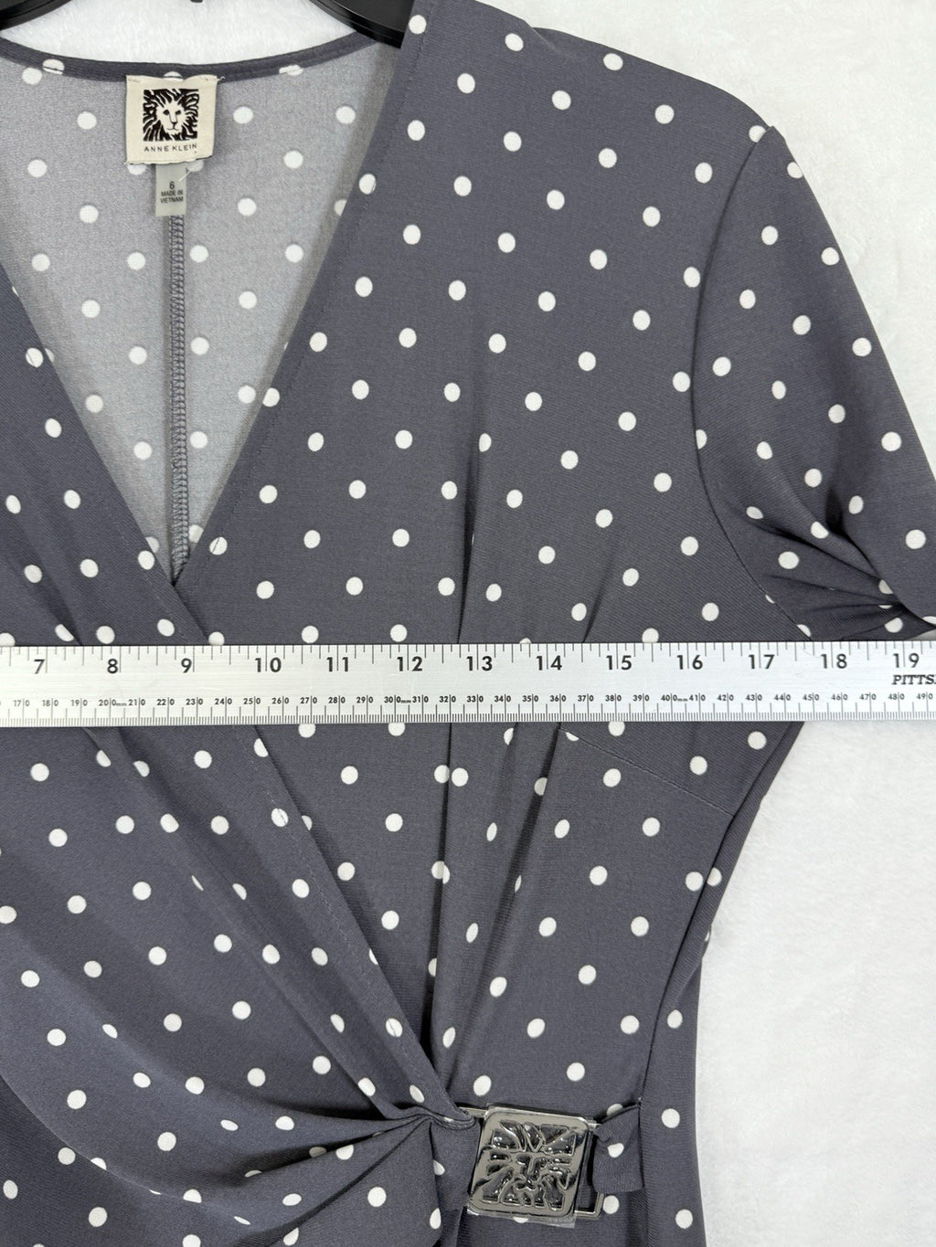 Anne Klein Faux Wrap Dress 6 Gray Polka Dot Women