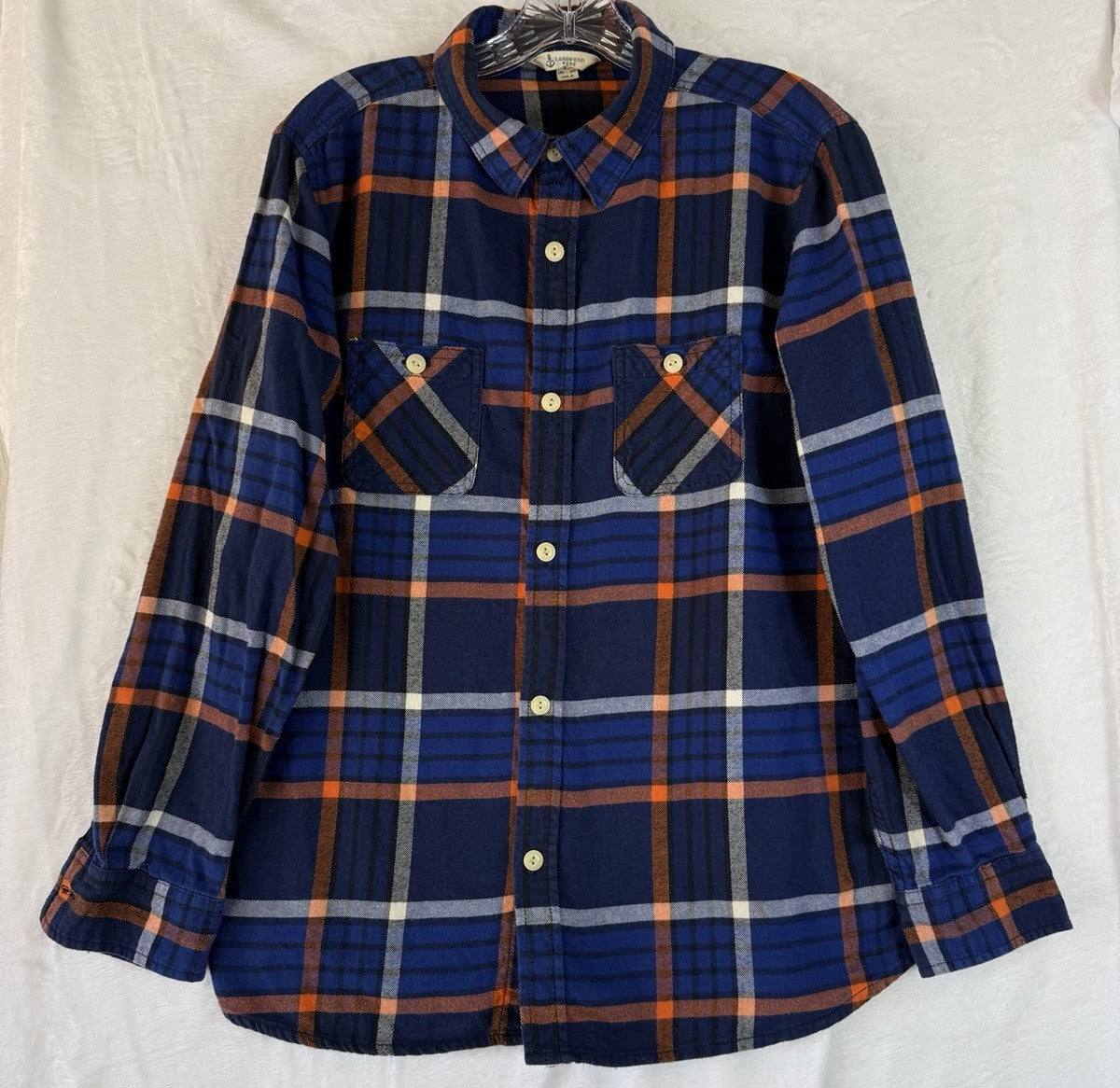 Lands End Kids Flannel Shirt XL Husky Boys Blue Orange Button Down