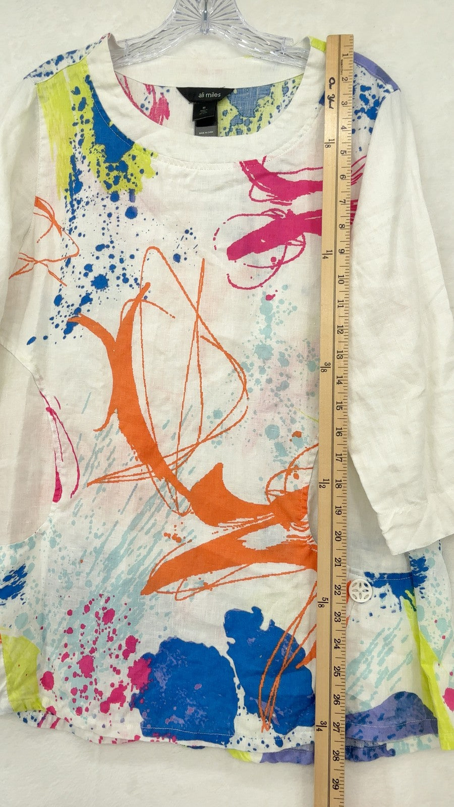 Ali Miles 100% Linen Tunic Top Medium Womens White Wearable Art Hagen Lagenlook
