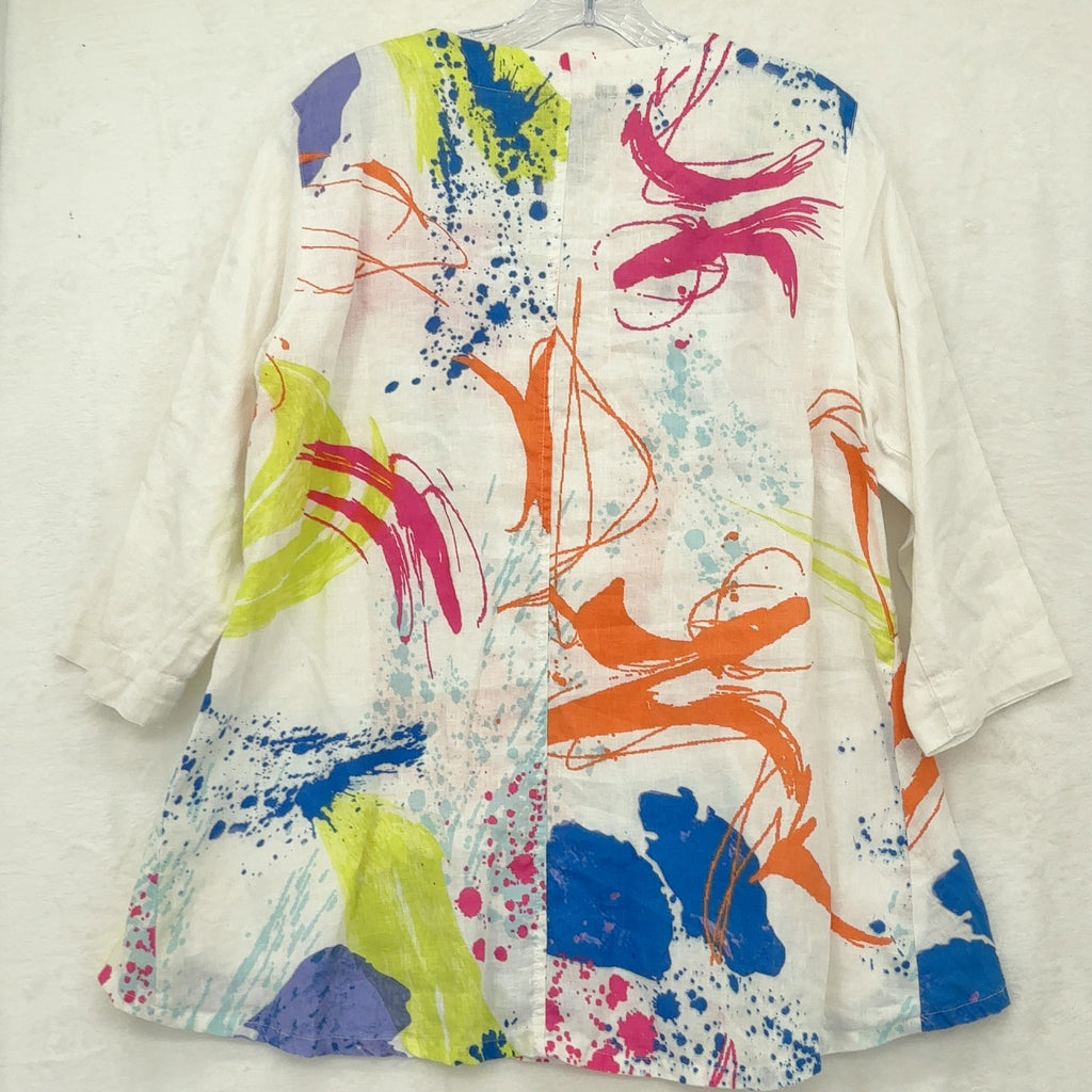 Ali Miles 100% Linen Tunic Top Medium Womens White Wearable Art Hagen Lagenlook