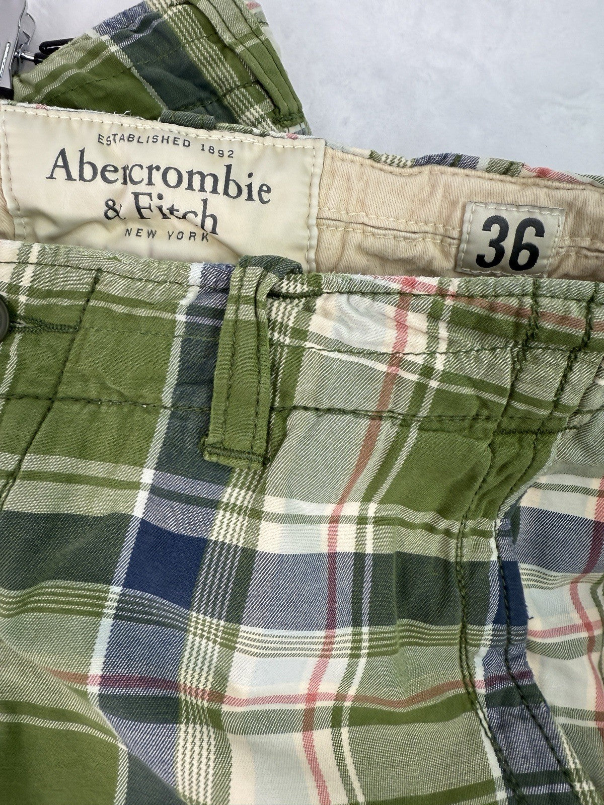 Abercrombie Fitch Shorts 36 Men’s Green Plaid Bermuda Thick Cotton 11” Inseam