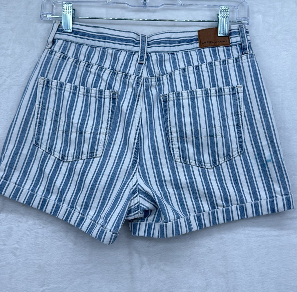 American Eagle Jean Shorts 0 Women Blue White Striped Denim Cuffed 100% Cotton