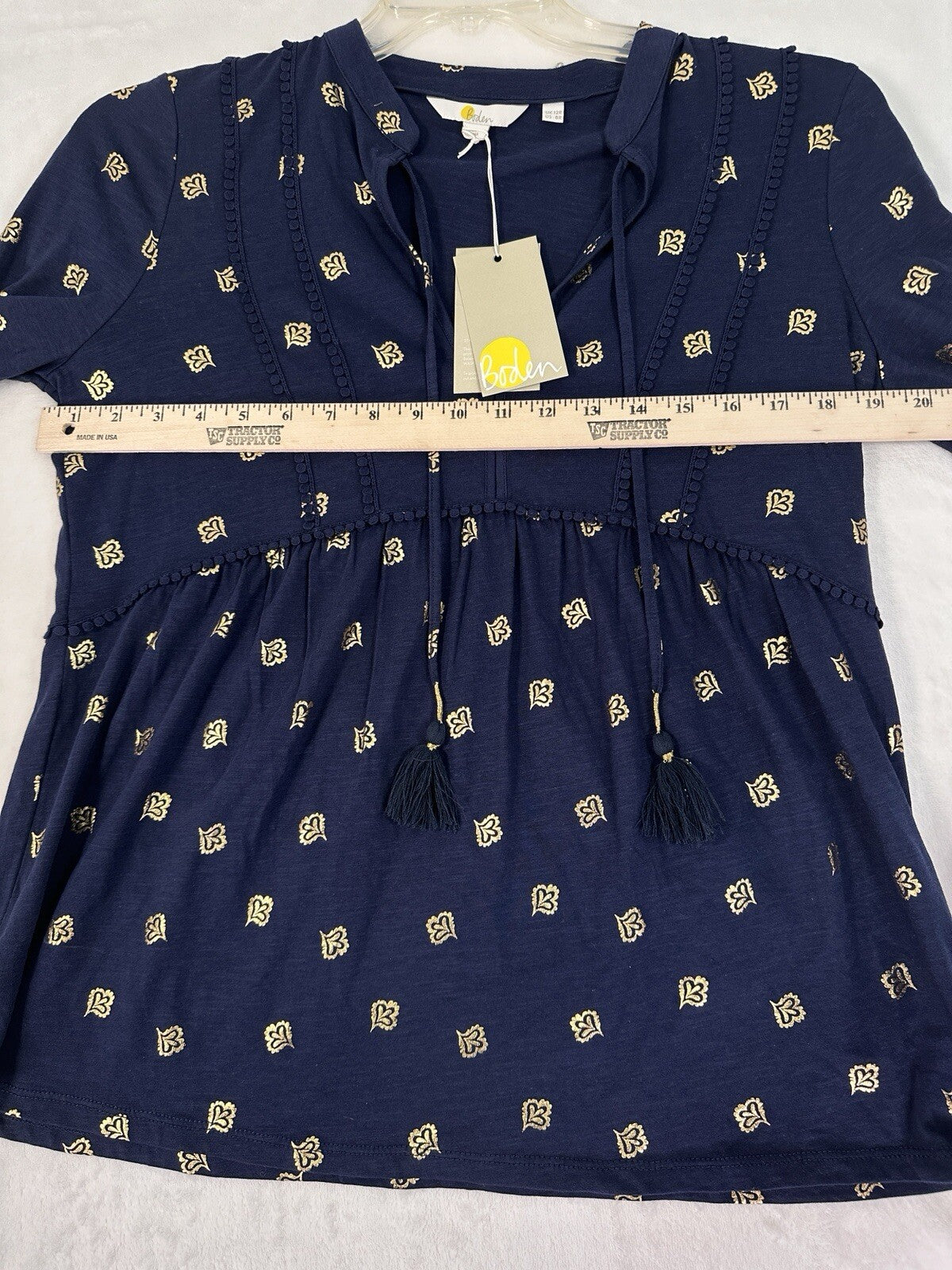 Boden Gemma Top US 8 UK 12 Navy Blue Gold Print  Jersey Knit Blouse Womens NWT