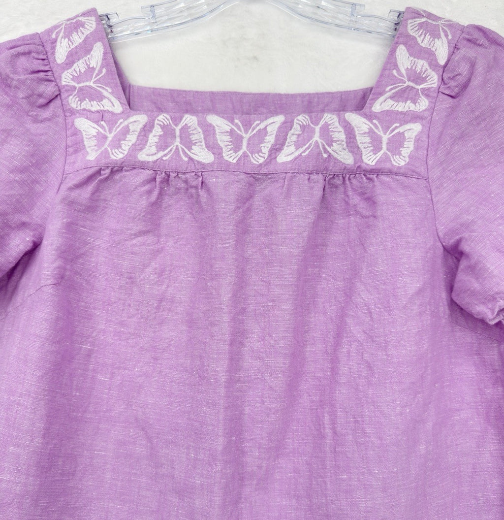 Talbots Top Small Linen Cotton Butterfly Embroidered Square Neck Purple Womens