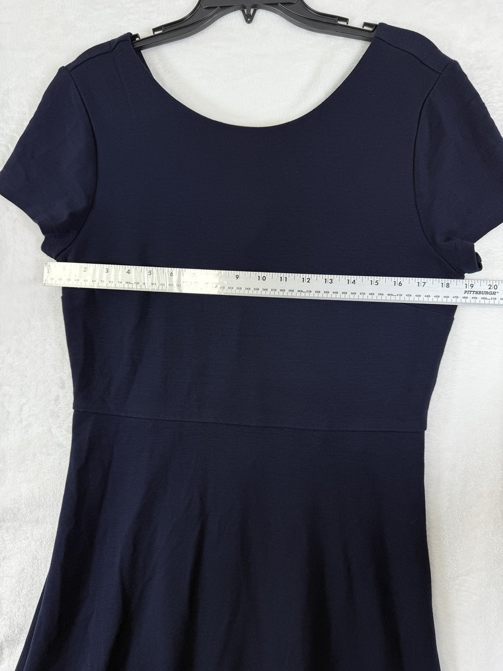 Ann Taylor Loft Dress 14 Navy Blue Ponte Knit Short Sleeve Bow Back Fit Flare