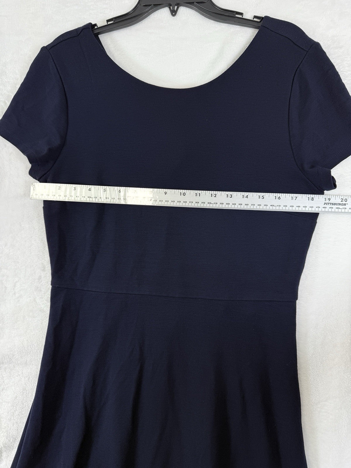 Ann Taylor Loft Dress 14 Navy Blue Ponte Knit Short Sleeve Bow Back Fit Flare