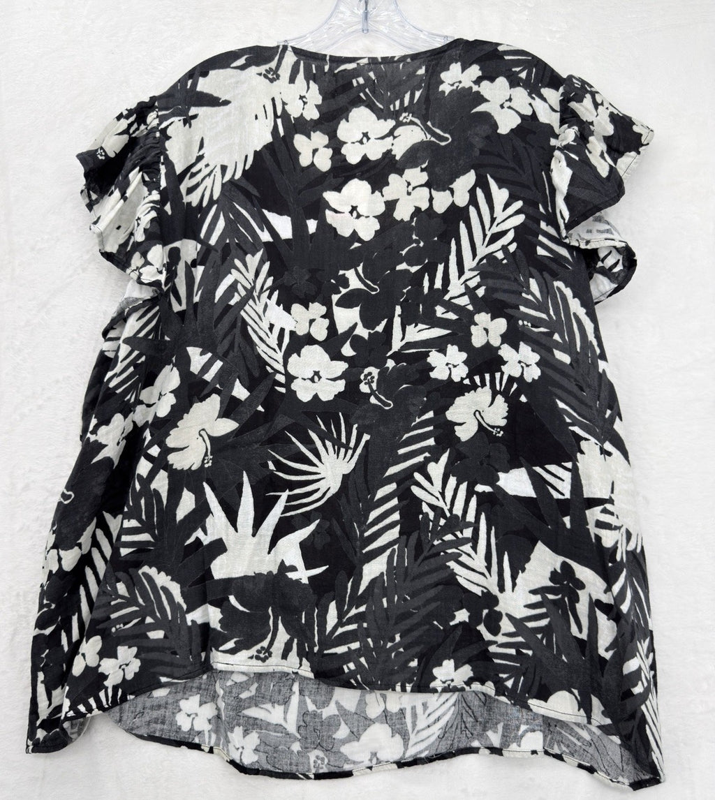 4X Womens Plus Size Tops Black Floral Flutter Sleeve Cotton New