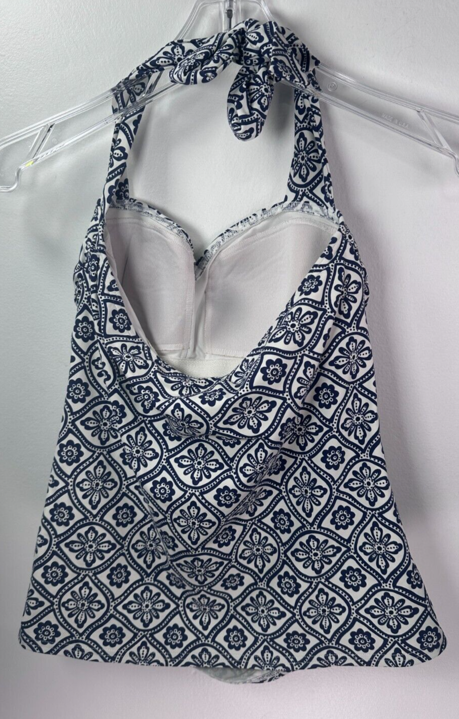 Lands End Swimsuit Top Size 2 Tankini Halter Navy Blue & White Floral Pattern