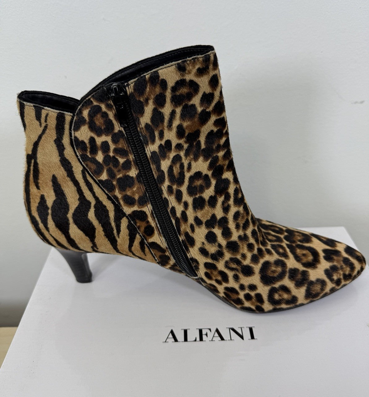 Alfani Harpper Booties 11 Womens Leopard Print Kitten Heel Calfhair Heels Animal
