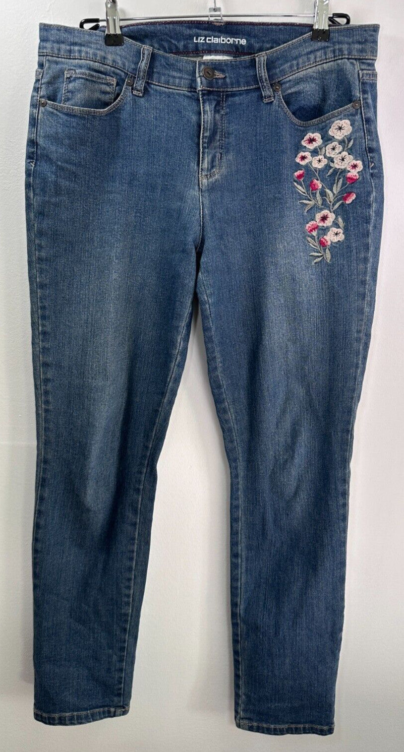Liz Claiborne Jeans 8 Embroidered Flowers Medium Wash Blue Womens