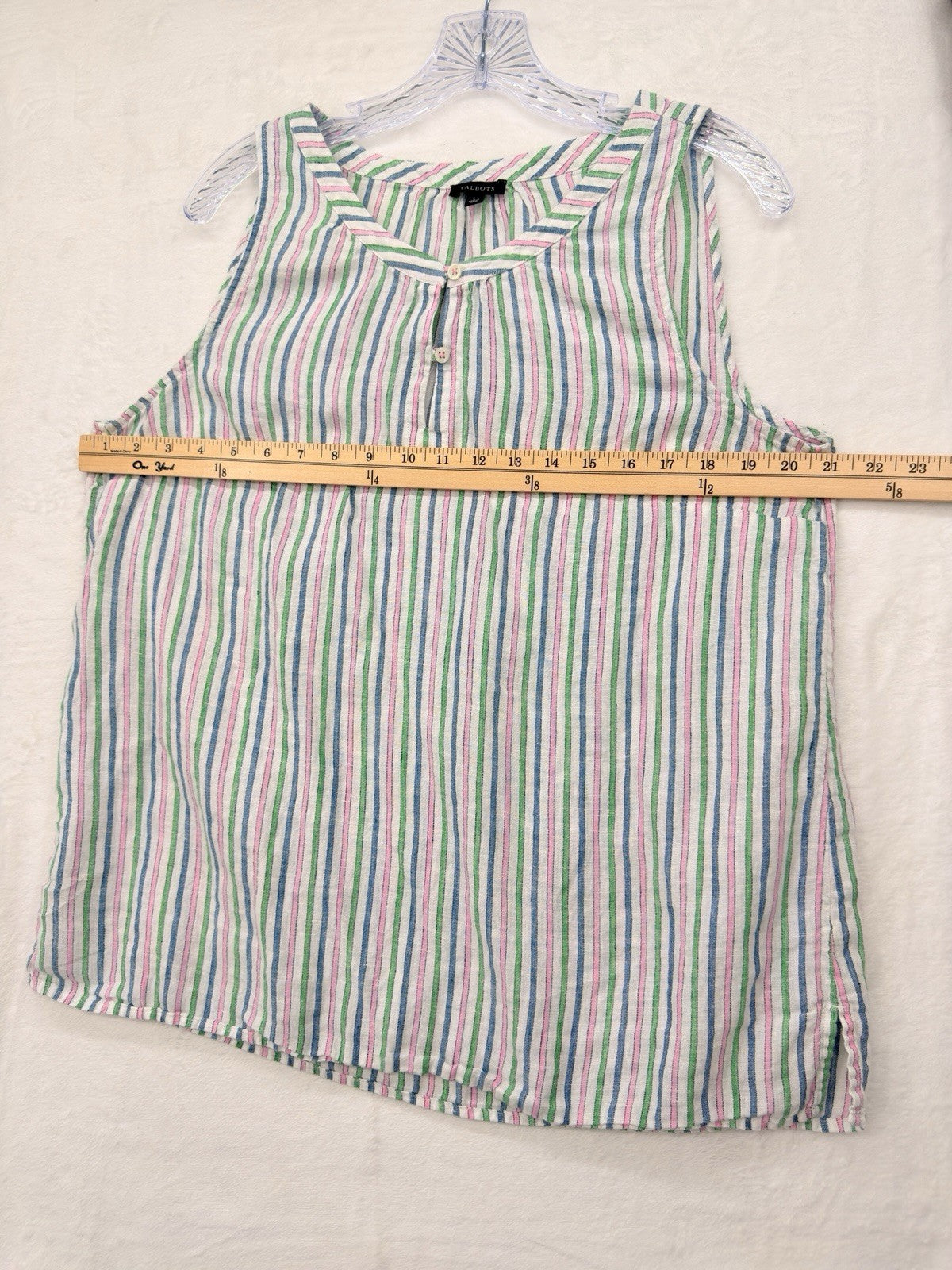 Talbots 100% Linen Top Large Sleeveless Striped Blue Pink Green Womens Blouse