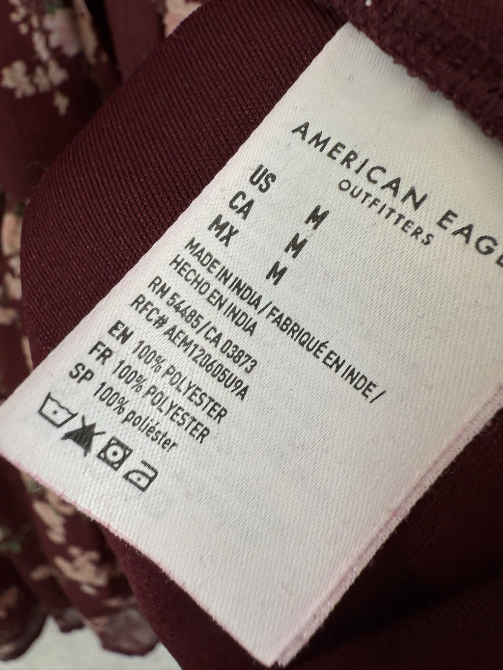 American Eagle Dress Medium Burgundy Floral Short Boho Long Sleeve Women