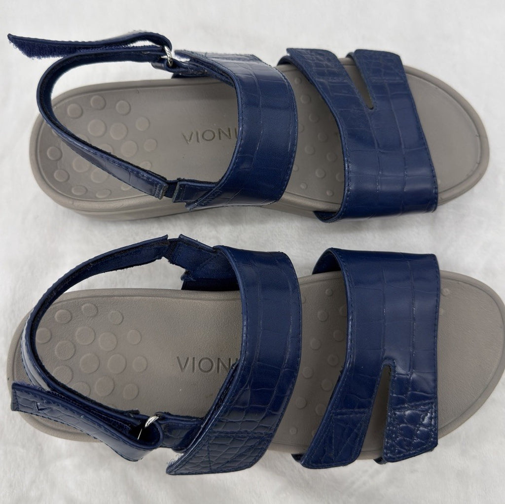 Vionic Womens 7 Roma Backstrap Platform Wedge Sandals Blue Patent Leather Shoes