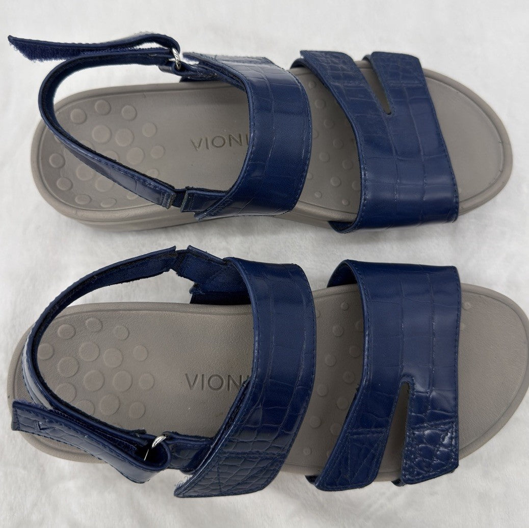 Vionic Womens 7 Roma Backstrap Platform Wedge Sandals Blue Patent Leather Shoes
