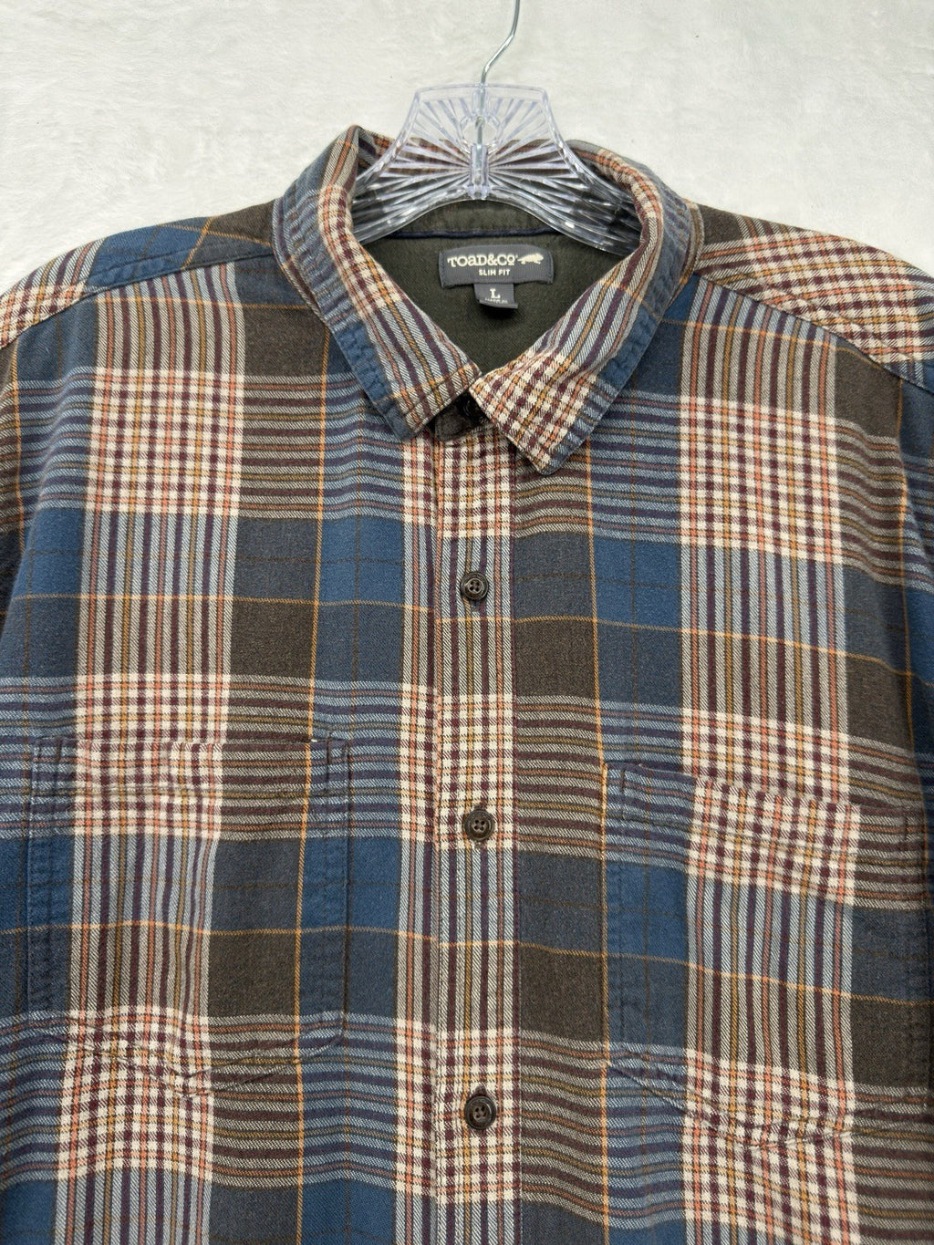 Toad And Co Mens Flannel Shirt Large Brown Blue Plaid Button Up *FlawRead