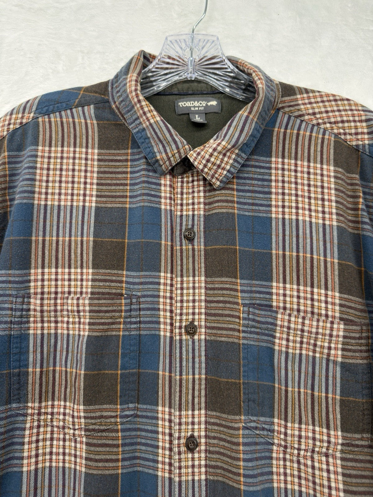 Toad And Co Mens Flannel Shirt Large Brown Blue Plaid Button Up *FlawRead