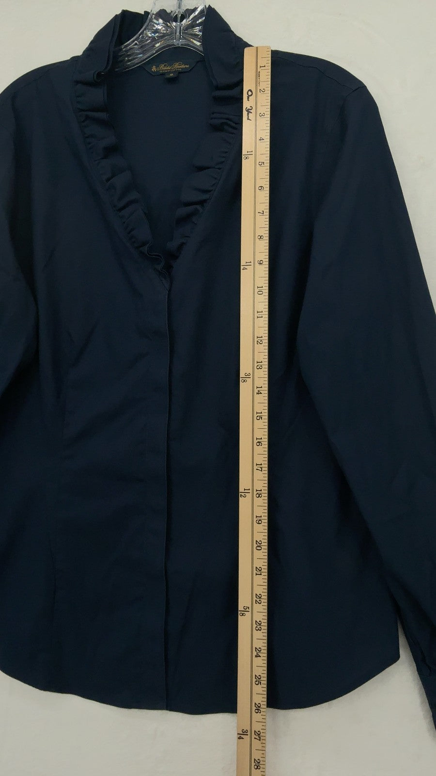 Brooks Brothers Supima Cotton Blouse 16 Womens Navy Blue Long Sleeve Ruffle Neck