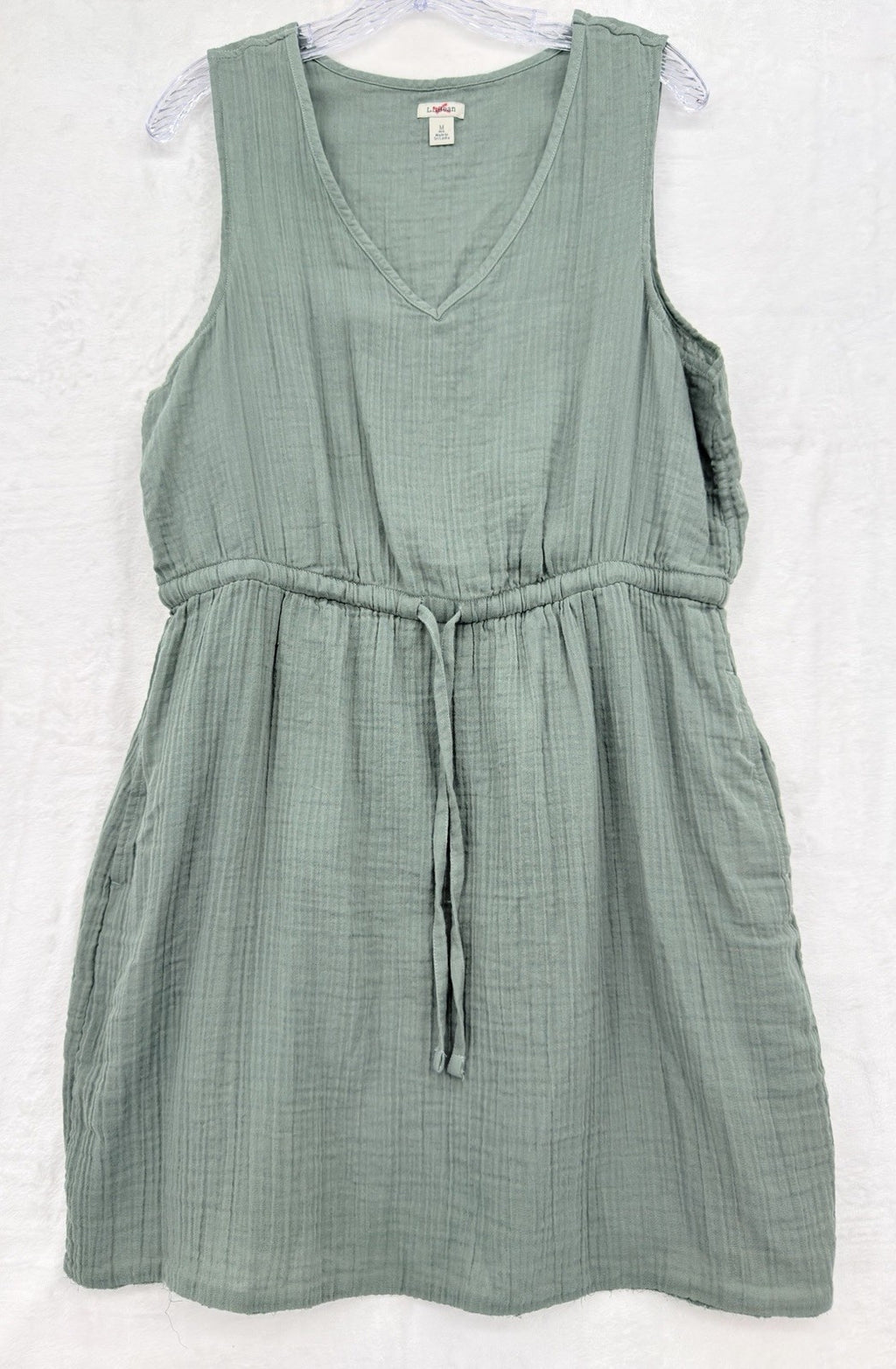 LL Bean Cloud Gauze Cotton Dress Medium Sage Green Sleeveless Pockets Womens