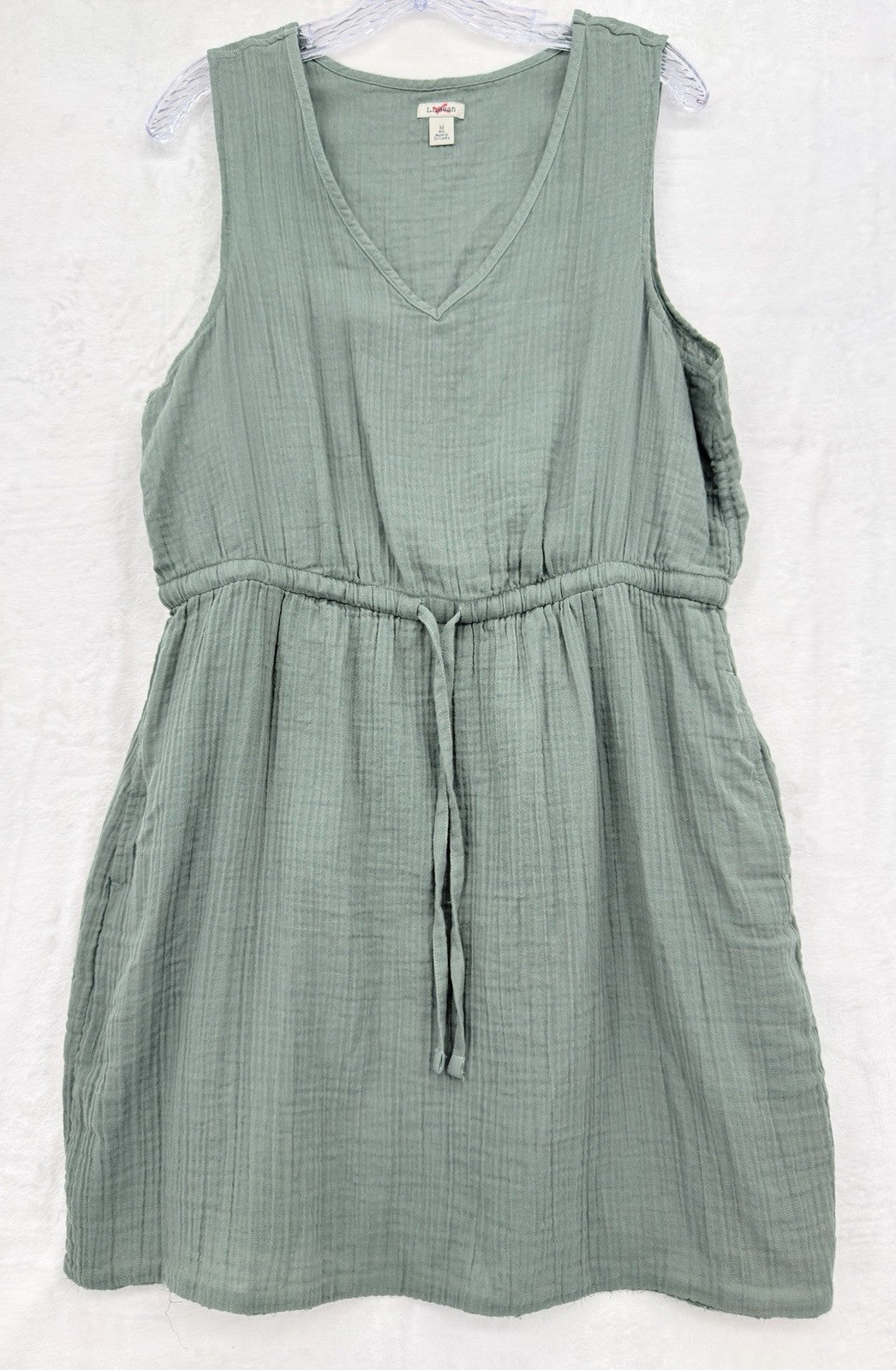 LL Bean Cloud Gauze Cotton Dress Medium Sage Green Sleeveless Pockets Womens