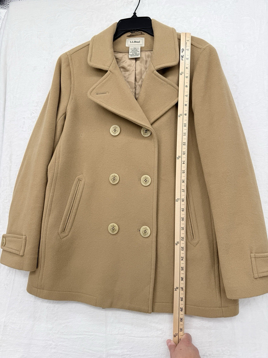 LL Bean Pea Coat Women 12 Classic Lambswool Camel Beige Jacket Wool Insulated