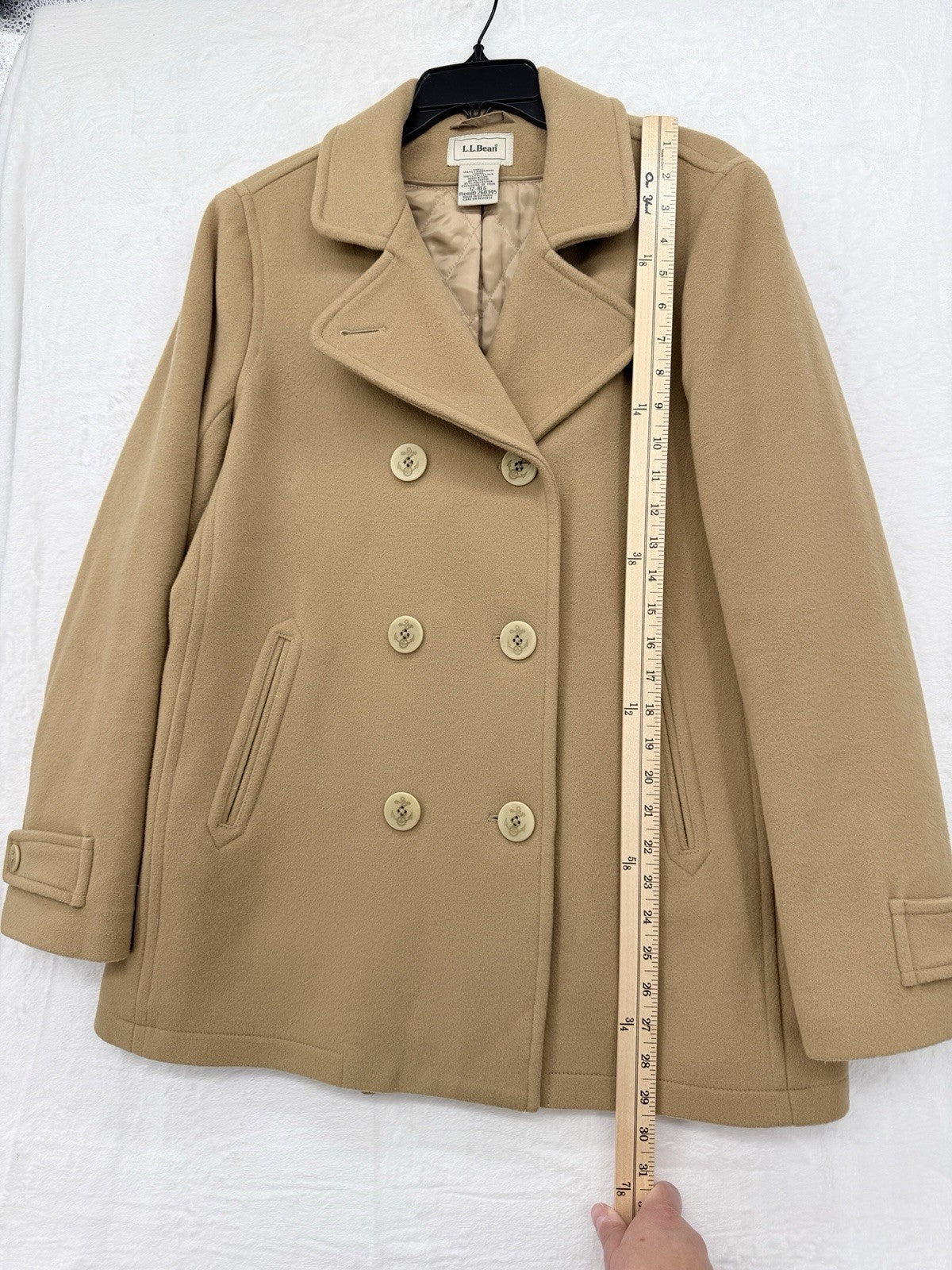 LL Bean Pea Coat Women 12 Classic Lambswool Camel Beige Jacket Wool Insulated