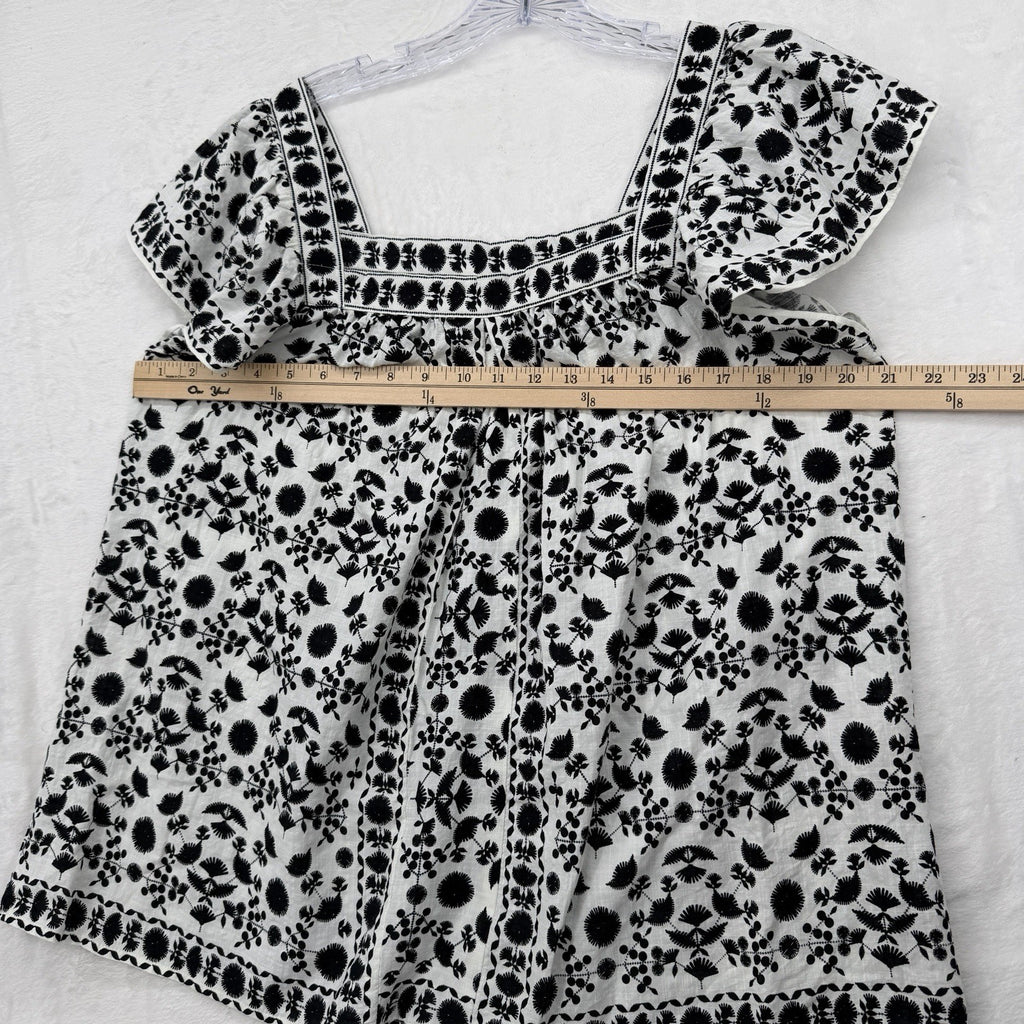 Max Studio London Top Large Square Neck Flutter Sleeve Black White Embroidered