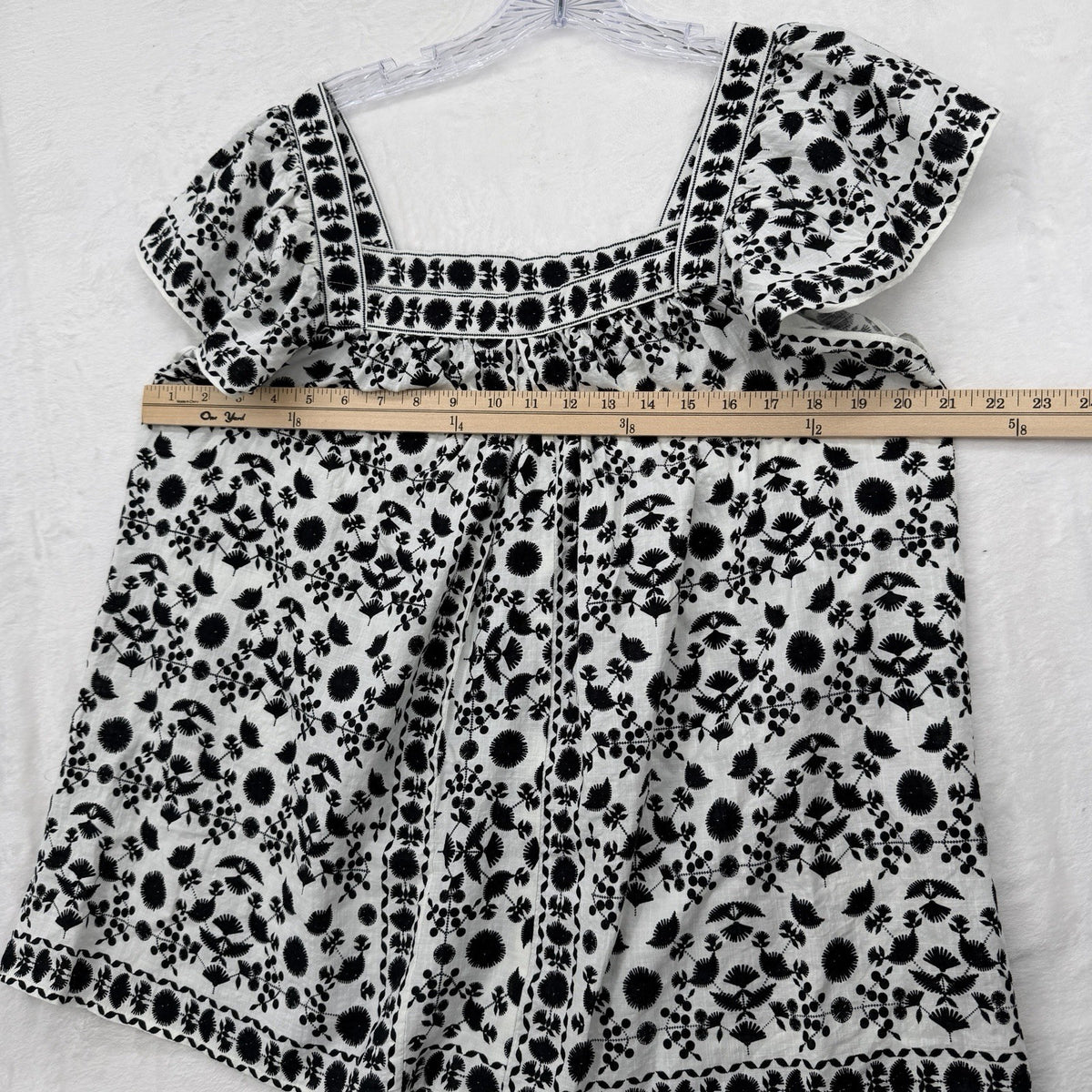 Max Studio London Top Large Square Neck Flutter Sleeve Black White Embroidered