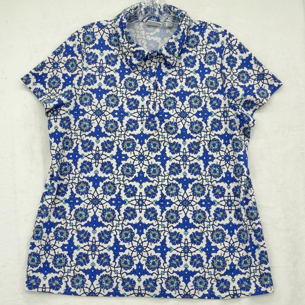 Chicos Weekends Polo Shirt 2 Womens Large Top Short Sleeve Blue Print