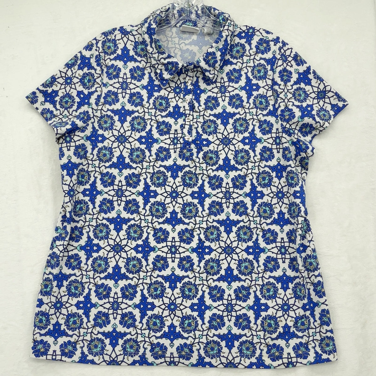 Chicos Weekends Polo Shirt 2 Womens Large Top Short Sleeve Blue Print