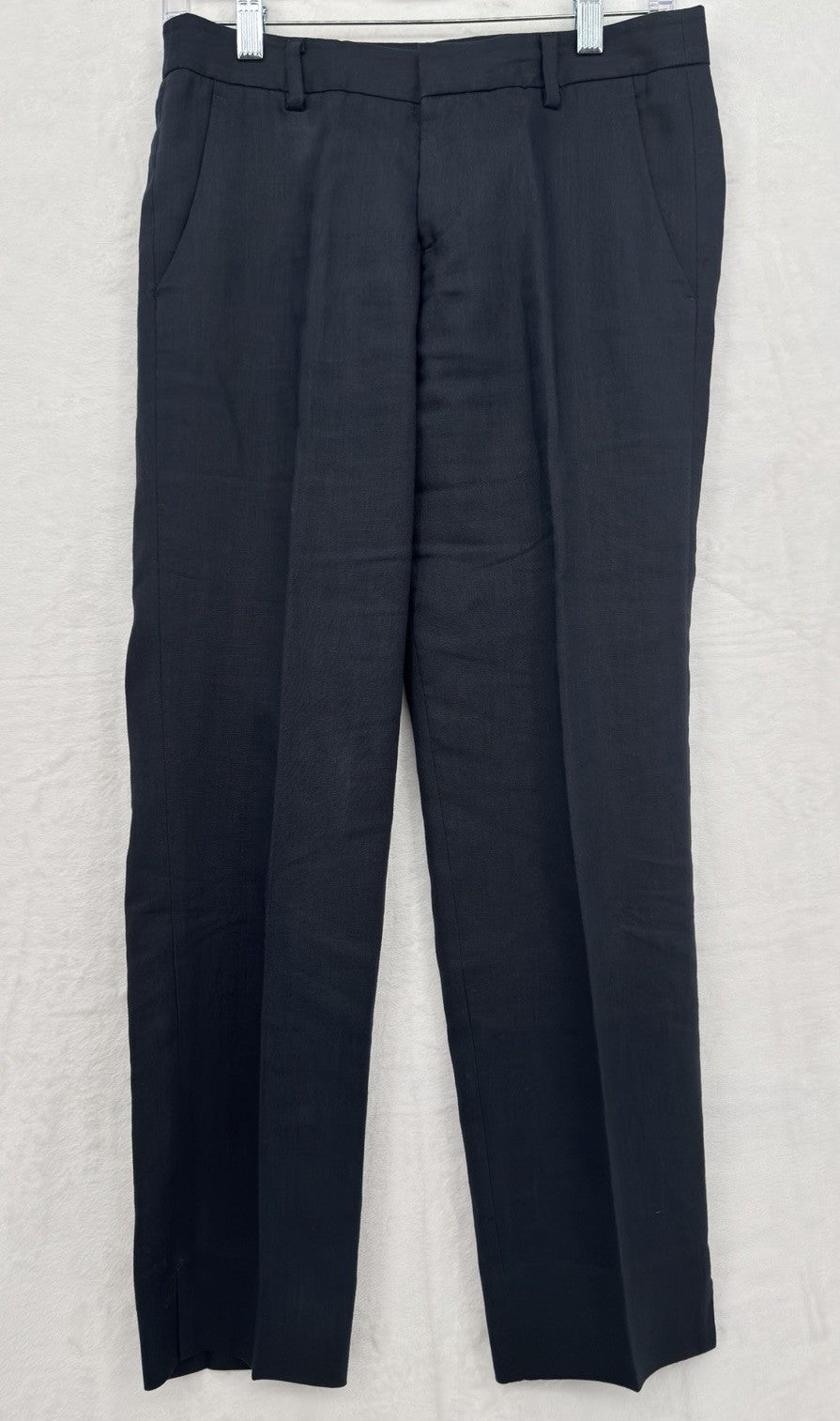 Uniqlo 100% Linen Pants Womens 2 Cropped Navy Blue Tapered Mid Rise Minimalist