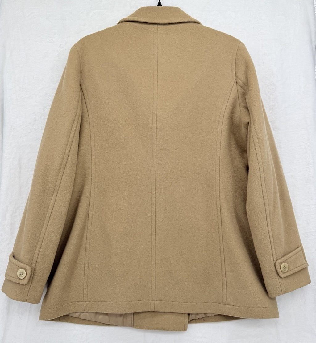 LL Bean Pea Coat Women 12 Classic Lambswool Camel Beige Jacket Wool Insulated