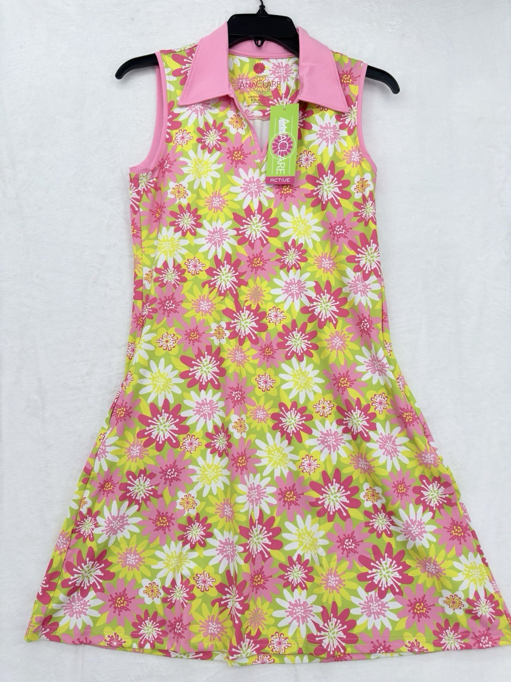 Ana Claire Dress Small Active Sleeveless Polo Fit Flare Pink Floral Women New
