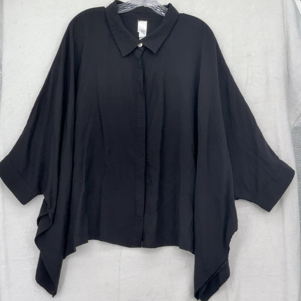 Marla Wynne 1X Top Black Dolman Lagenlook  Art To Wear Button Down Shirt Womens